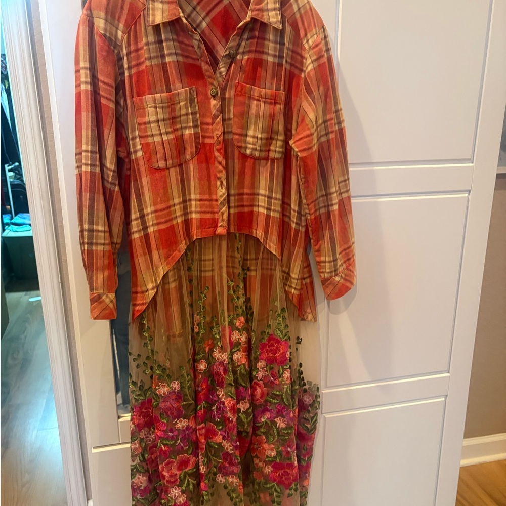 Plaid Button-Up Shirt with Floral Skirt